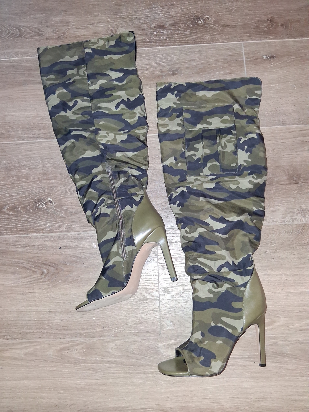 Women’s Camo Over-the-Knee Peep-Toe Stiletto Boots